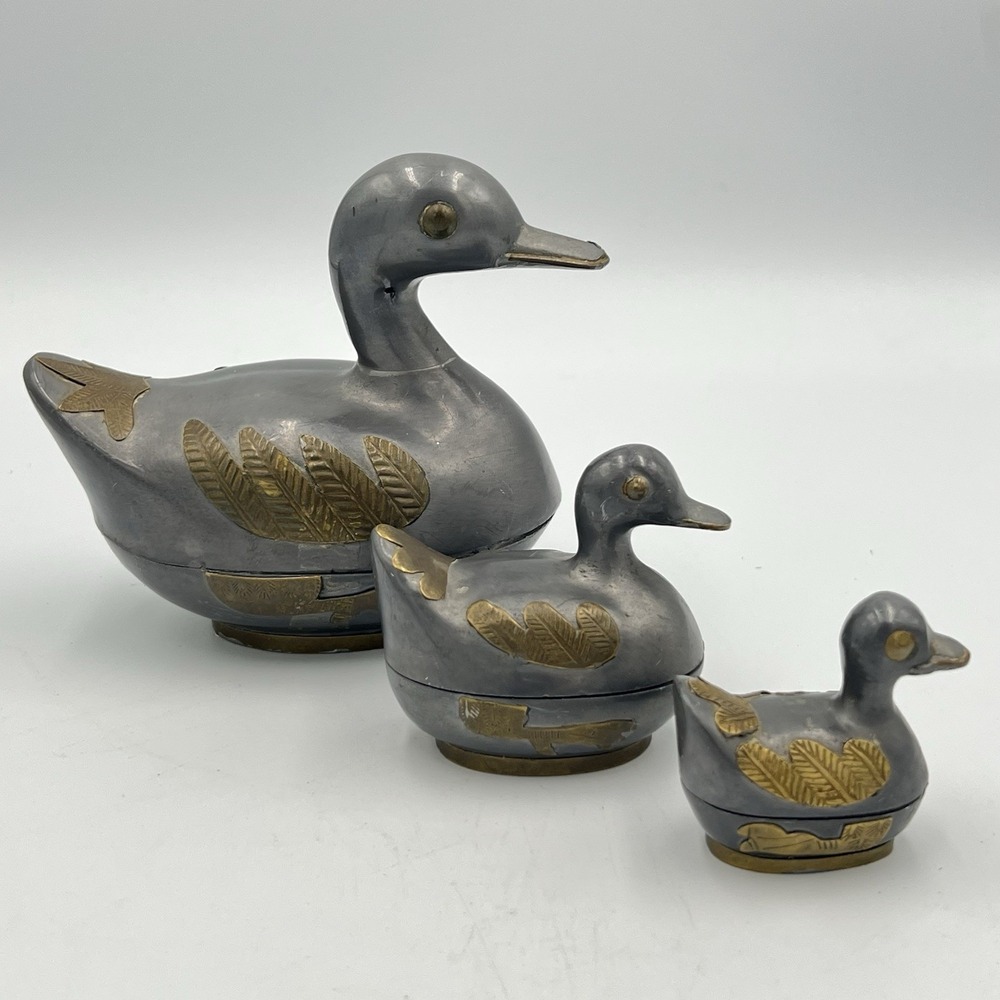 Vintage‎ Pewter Brass Nesting Duck Trinket Boxes Set of 3 Made in Hong Kong